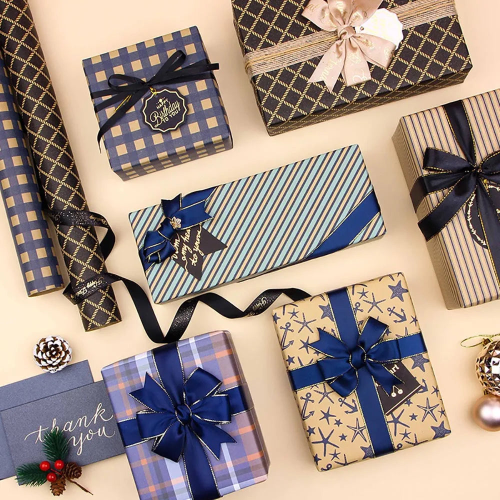 70x50cm Retro Gift Wrapping Paper Blue Grid Wave Sea Star Pattern Bouquet Packaging Paper Men Birthday Gift Packaging Paper Oasis Select