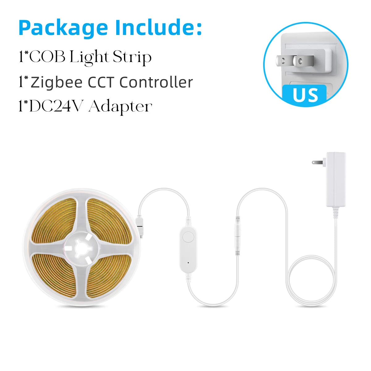24V Smart Zigbee CCT COB LED Strip Closet Light Changeable 2700K To 6500K Dimmable APP Voice Control,Require ZIgbee 3.0 Gateway Oasis Select USA Power Plug 2700K To 6500K 5m kit