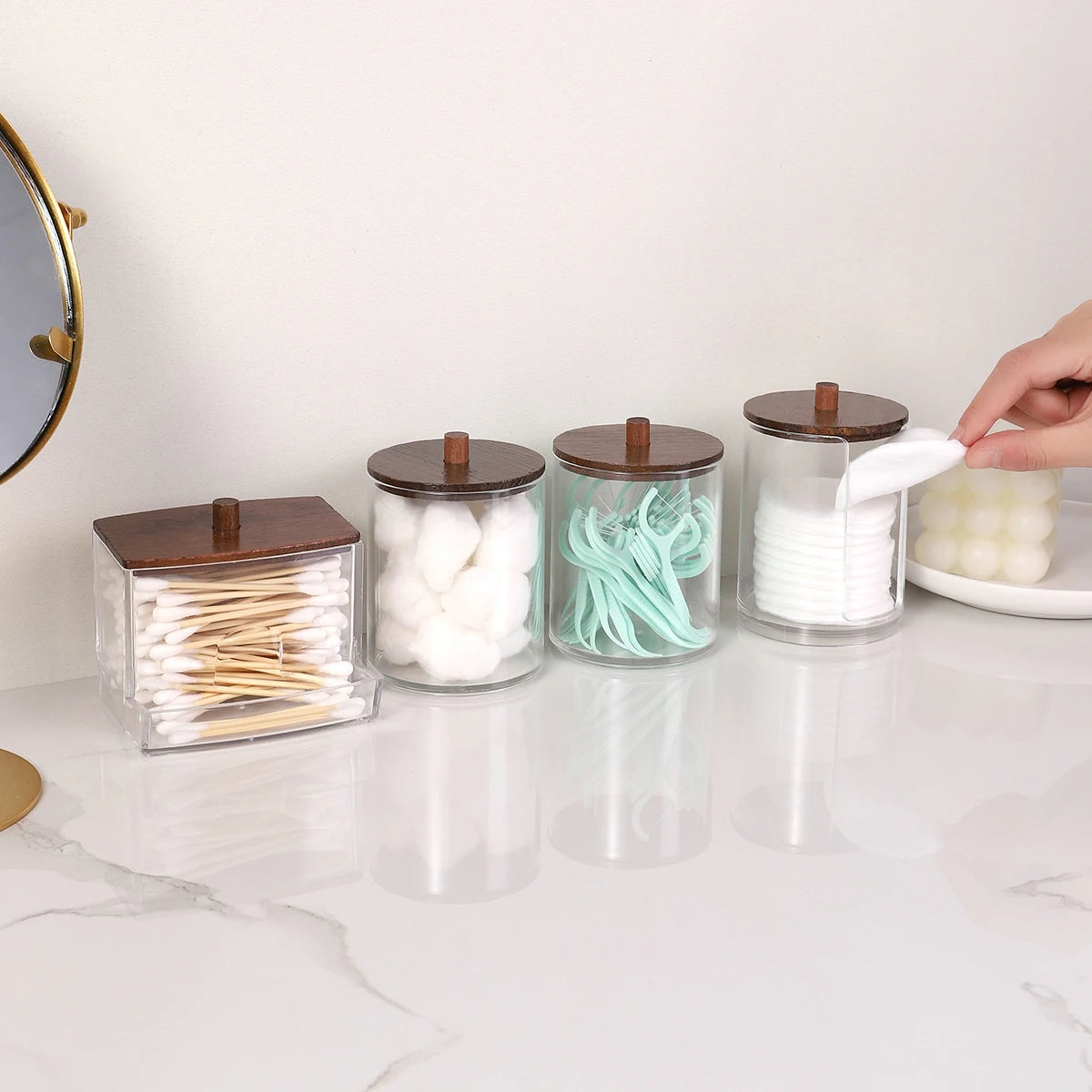 4pack Cotton Swab Holders,With Walnut Stained Wood Lids Apothecary Jar Containers, Cotton Ball Dressers, Bathroom Organization Oasis Select