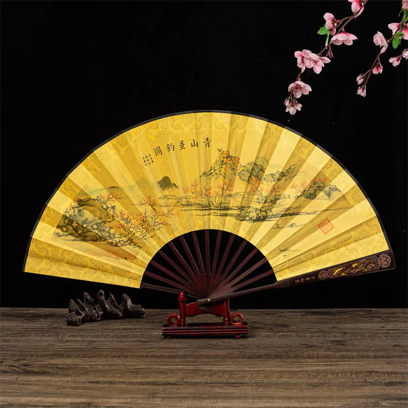 Premium Chinese Style Folding Fan Head Bamboo Double-Sided Silk Fabric Intricate Carved & Hollow Men's Fan Oasis Select