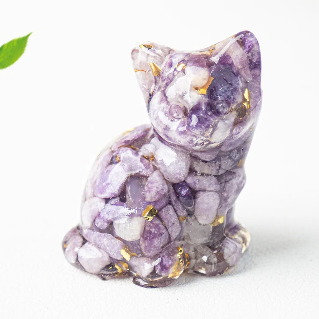 Natural Crystal Gravel Resin Sitting Turning Face Cat Figurine With Gold Foil Cute Desktop Decor For Home Office Oasis Select Light Purple Gold