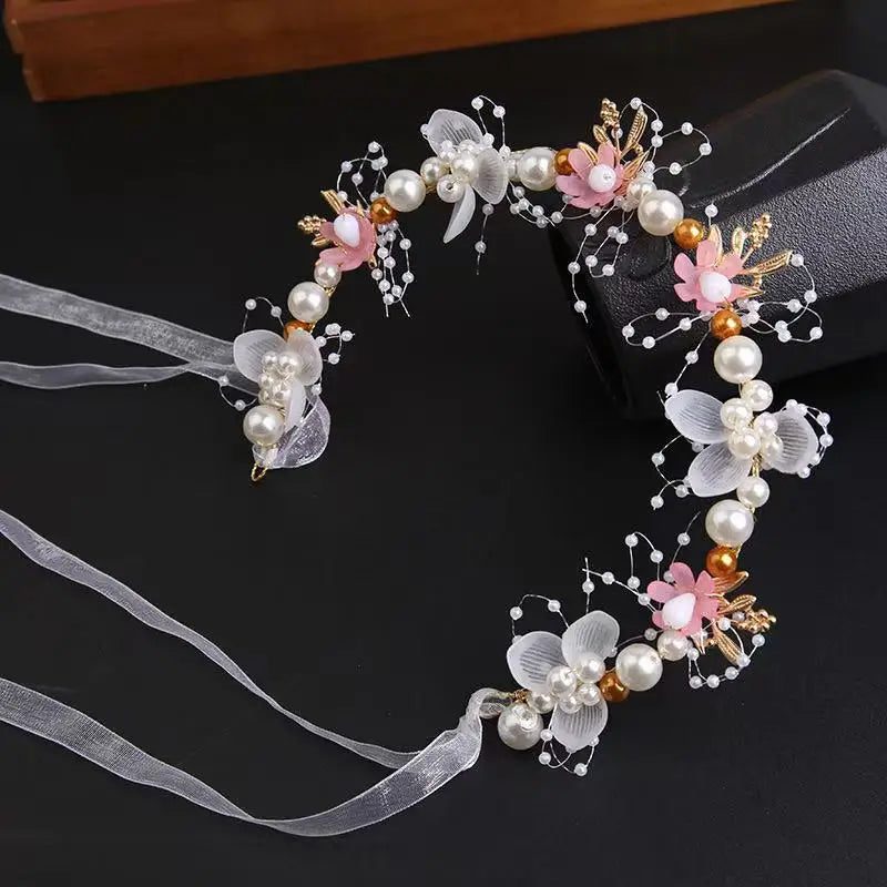 1pcs Children's Headband Sweet European Fairy Style Golden Leaf Headband Flower Wreath Pearl Headband New Crown Oasis Select pink