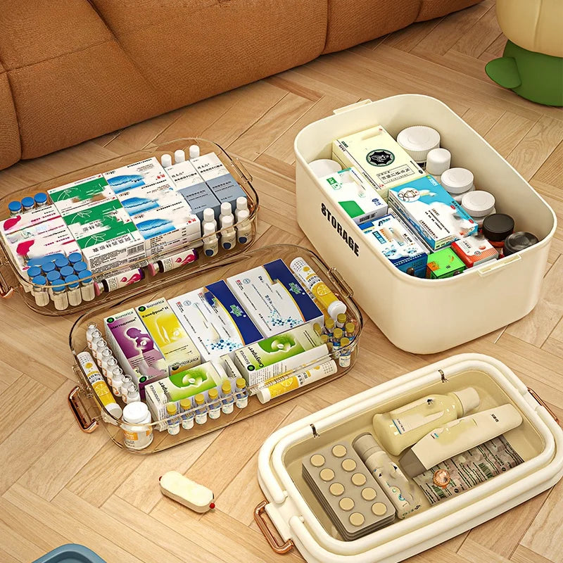 Saim First Aid Organizer Box Medical Box Transparent 3-Tier Fold Tray with Removable Pill Case Portable Lockable First Aid Conta Oasis Select