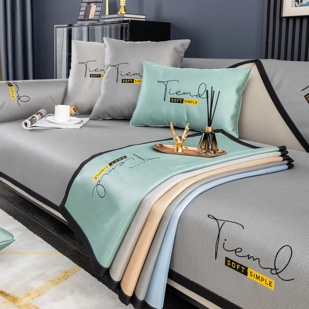 Summer New Ice Silk Sofa Cushion Embroidered Mat Cushion Simple and Cool Sofa Towel Machine Washable Ice Silk Sofa Seat Oasis Select