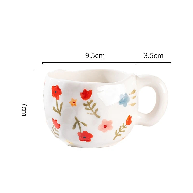 300ML Ceramic Mug Flower Heart Pattern Cute Hand Pinched Irregular Creative Style Coffee Cup Breakfast Milk Afternoon Tea Cups Oasis Select White-Flower 300ml