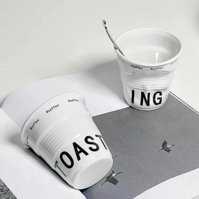 200ml Coffee Mug French Pleated Irregular White Ceramic Nordic Creative Design Wrinkle Cup Tumbler with English Letter Milk Cup Oasis Select