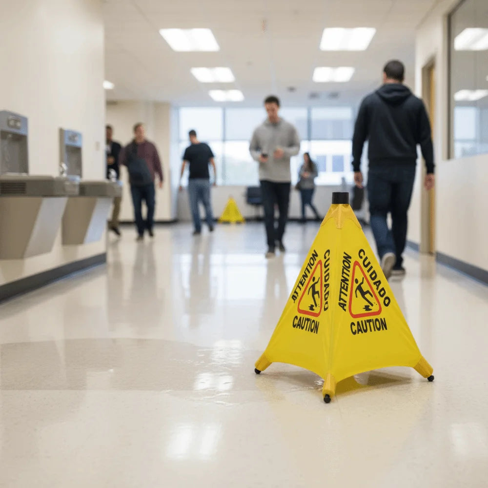 Triangular Cone-Shaped Caution Wet Floor Sign Wall Mounted Foldable Slippery When Wet Sign Pop-Up Design Multilingual Oasis Select
