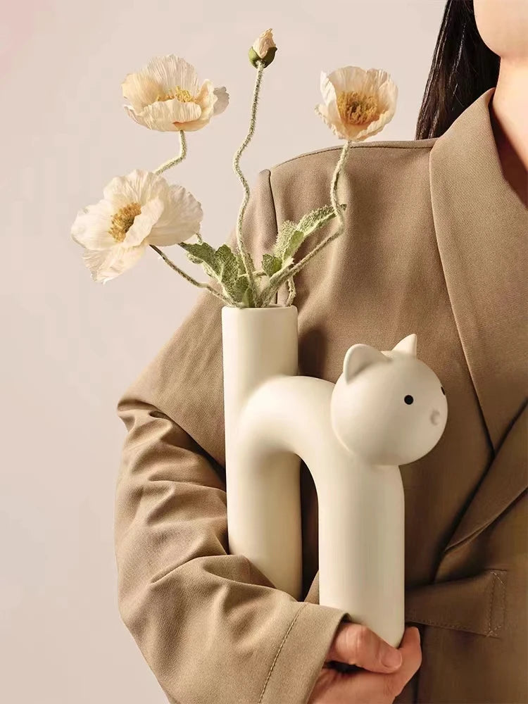 Ceramic Flower Vase Cute Tubular Kawaii Cat Vase Room Home Desktop Decoration Art Ornament Gift Flowerpot Vase Decor Oasis Select