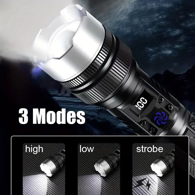 1/2PCS High-Power Flashlight Zoomable Focus Torch USB Rechargeable Flashlights with Strip LCD Smart Power Display for Outdoorr Oasis Select