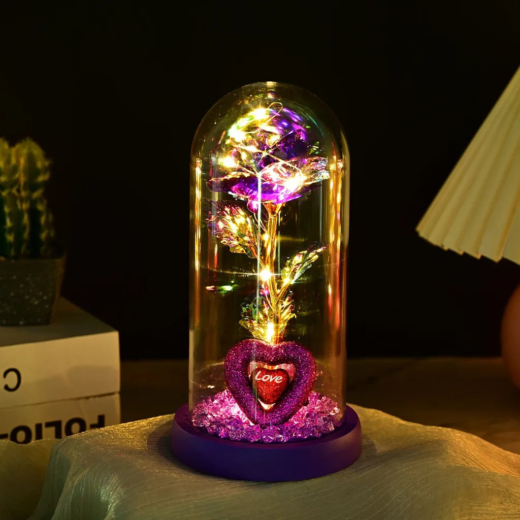 Romantic Rose Ornament Delicate Led String Lights Decoration Glass Dome Rose Charming Luxury Glass Display Rose For Home Decor Oasis Select Purple