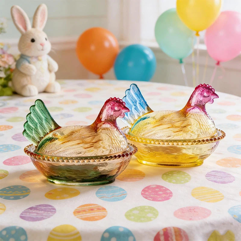 SXH Hen Glass Dish Crystal Glasses Candy Dish With Lid Hen-Shaped Chicken Fruit Bowl Dessert Snacks Plate Retro Bowl Jar Oasis Select