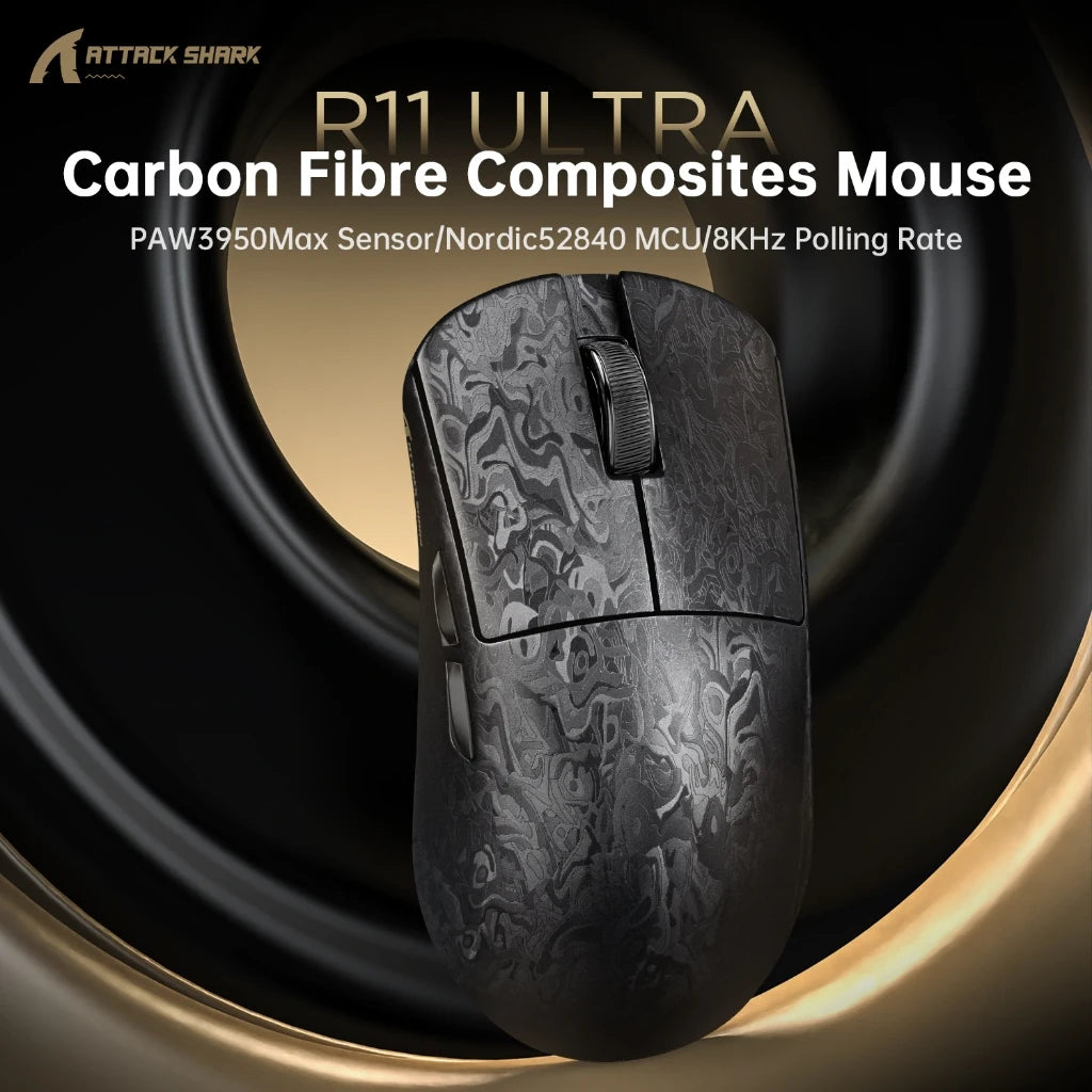 Attack Shark R11 Ultra 8K Carbon Fiber Gaming Mouse, PAW3950MAX, 49g Ultra-Lightweight, Wireless 8000Hz Polling,Tri-Mode Oasis Select