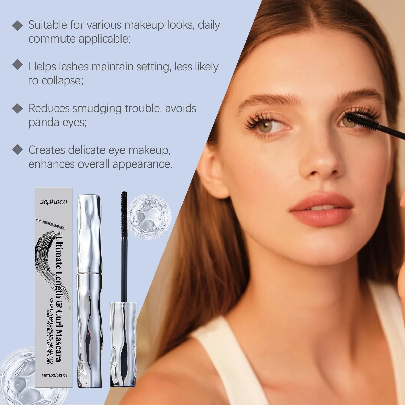 zephoco Waterproof Long-Lasting Mascara, Naturally Curled and Shaped, Sweat-Resistant, Lengthening, and Smudge-Proof Oasis Select