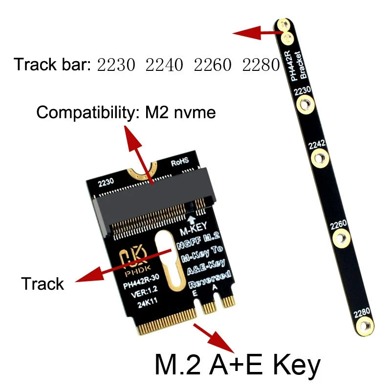M.2 A+E Key to NVMe SSD Adapter PCIe 4.0 Riser Card | 2230–2280