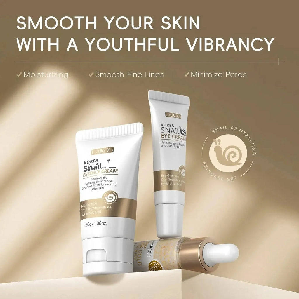 24K Gold Snail Repair Serum Eye Cream Essence Set Moisturizes Smooths Fine Lines Minimizes Pores Luxury Skincare Oasis Select