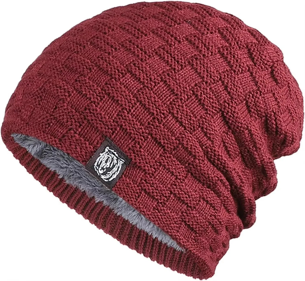 Mens Plush Lining Beanie Winter Hat Outdoor Sports Keep Warm Knitted Skully Hat Cycling Camping Cap Cold Weather Gear Oasis Select Claret