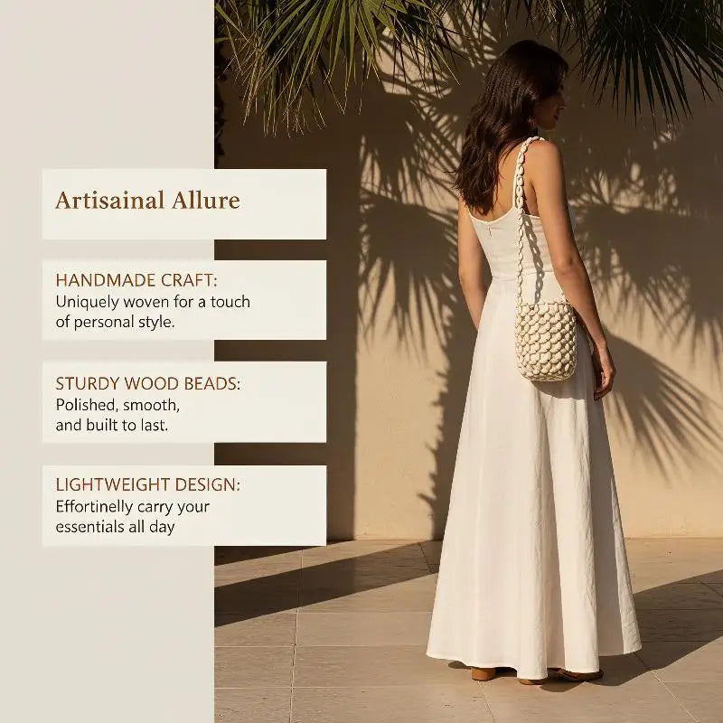 Retro Handmade Wooden Bead Woven Bucket Bag Creative Handbag Women Mini Hollow Bucket Bag Summer Wrist Bag Oasis Select