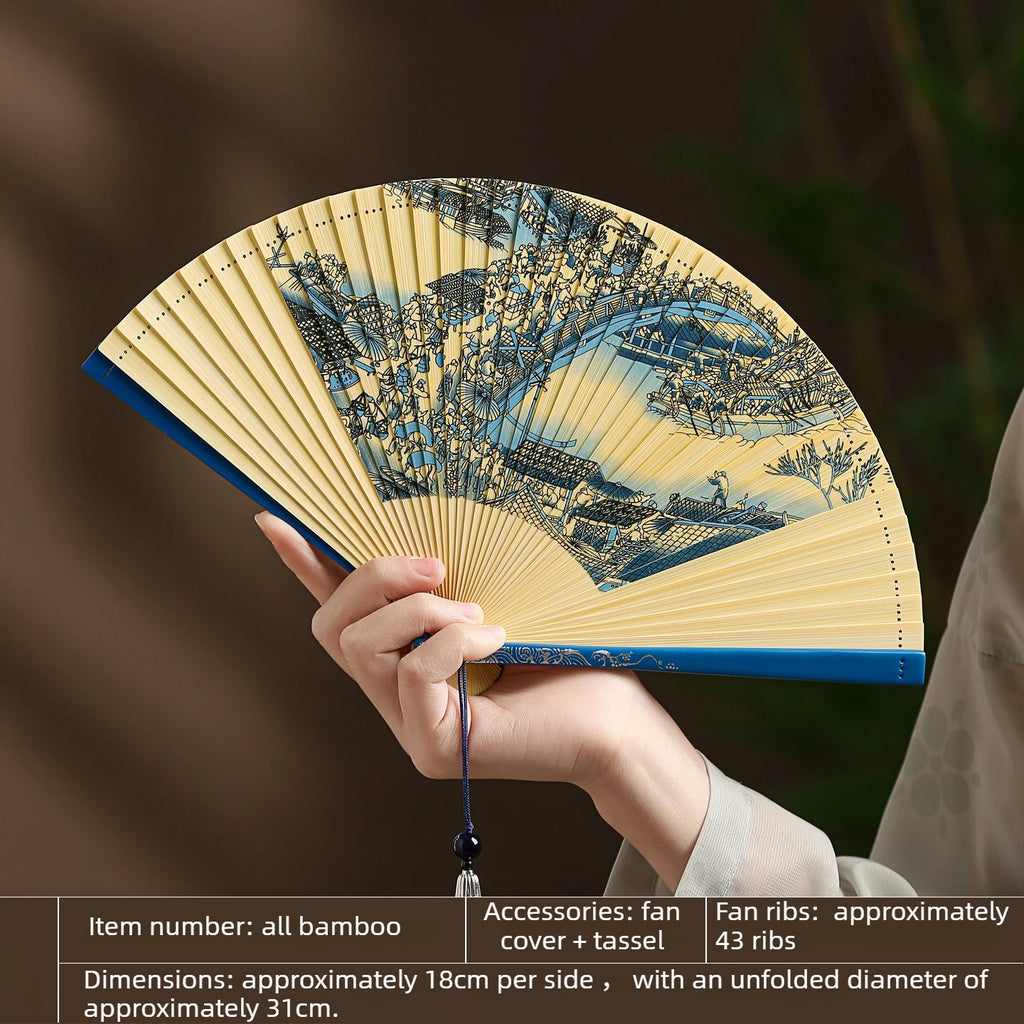 All Bamboo Folding Fan Compact and Portable Chinese Style Portable Ancient Style Folding Fan Cheongsam Fashion Show Oasis Select Yellow 18x31cm