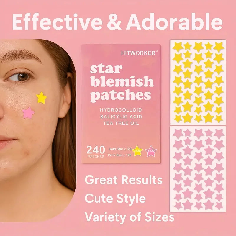 240 star shaped facial stickers, hydrogel acne stickers, suitable for all skin types, pink and yellow star shaped design Oasis Select