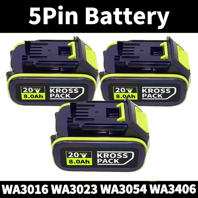 WORX 20V High-Capacity Li-Ion Rechargeable Battery 6.0Ah/8.0Ah Compatible with WA3551 WA3551.1 WA3553 WA3641 WX373 WX390 Tools Oasis Select A-5Pin-8.0Ah (3pcs)