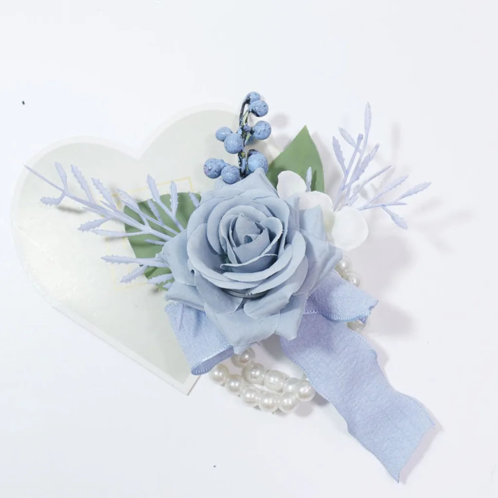 Blue Wedding Ribbion Wrist Corsage Boutonnière Fleur Artificielle Mariage Men Groom Fiori Da Polso Oasis Select Light Blue-Wrist Flo