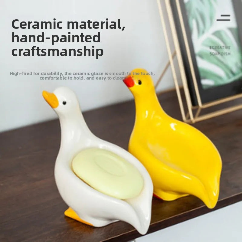 1pc Cute Duck Ceramic Soap Dish Decorative Soap Holder Craft Ornament Bathroom Counter Washroom Daily Storage Decor Accessory Oasis Select