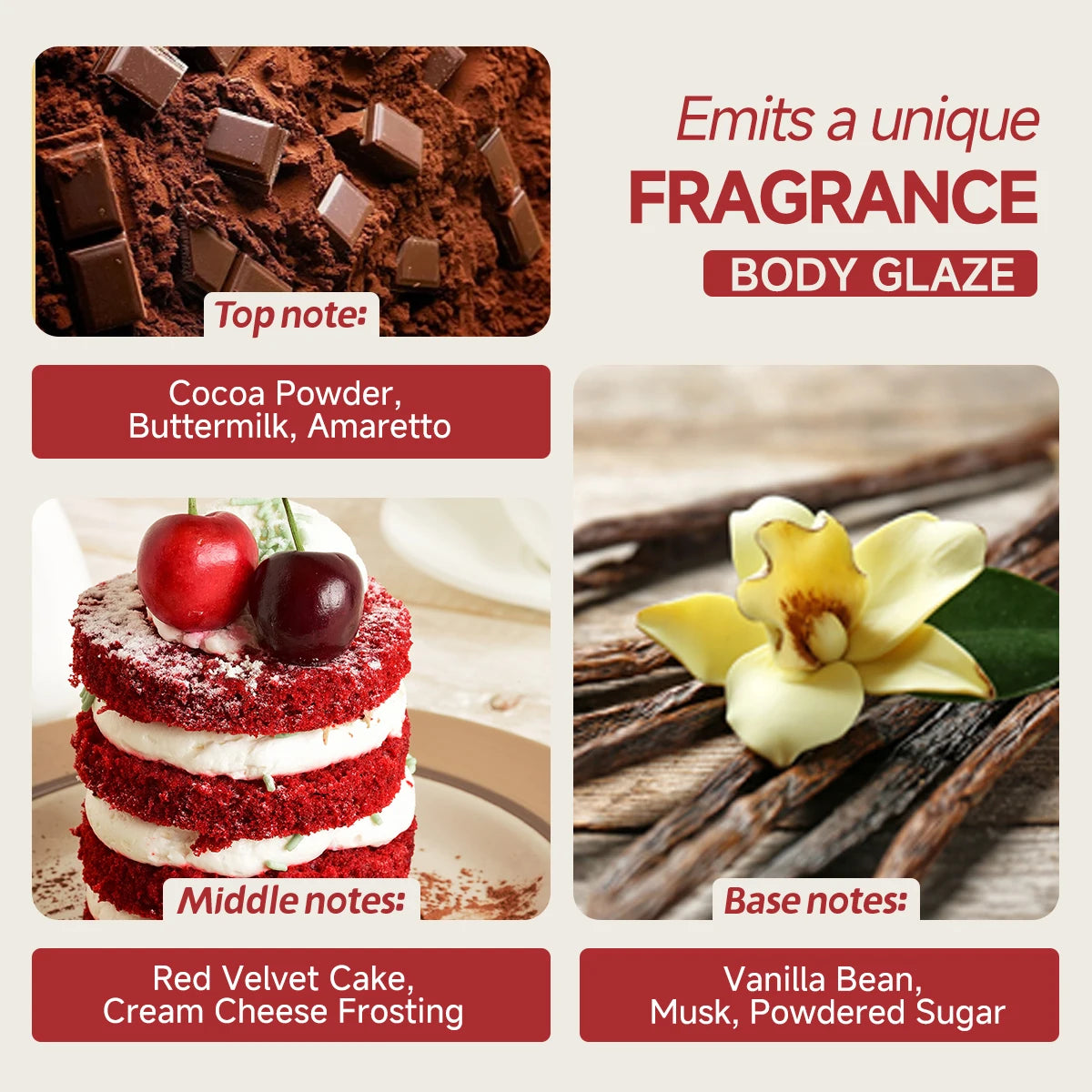 8oz 2oz body glaze Red Velvet Moisturizes, protects, and repairs the skin Create a more even-looking skin tone Oasis Select