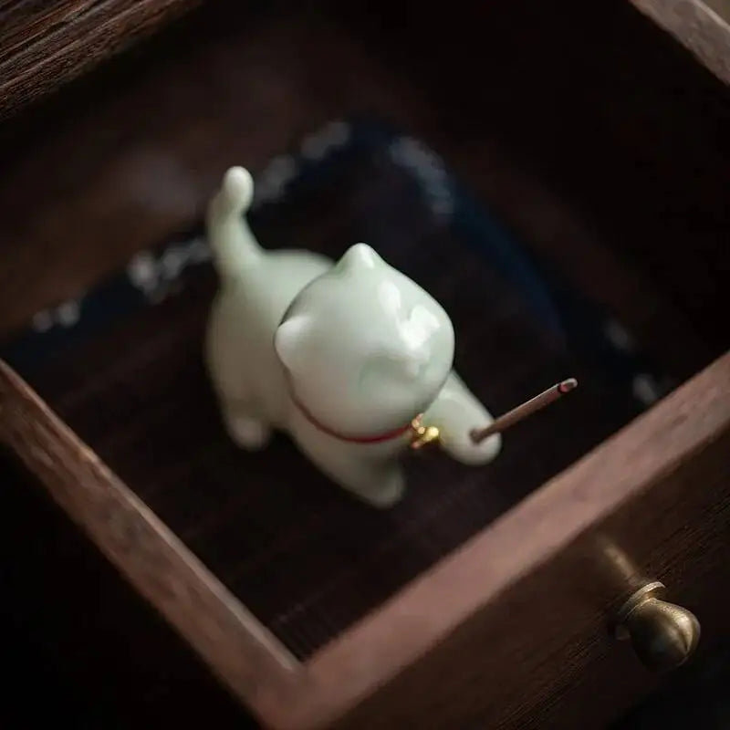 Ceramic Kitten Tea Pet Incense Holder Hand-Painted Zen Desk Decor Stick/Cone Incense Meditation Spiritual Aromatherapy Oasis Select