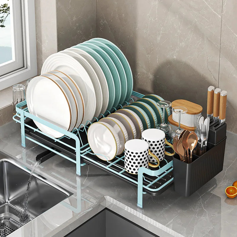 Retractable dish storage rack, tableware, cups, tableware and chopsticks, drain rack, household multi-functional kitchen rack Oasis Select blue