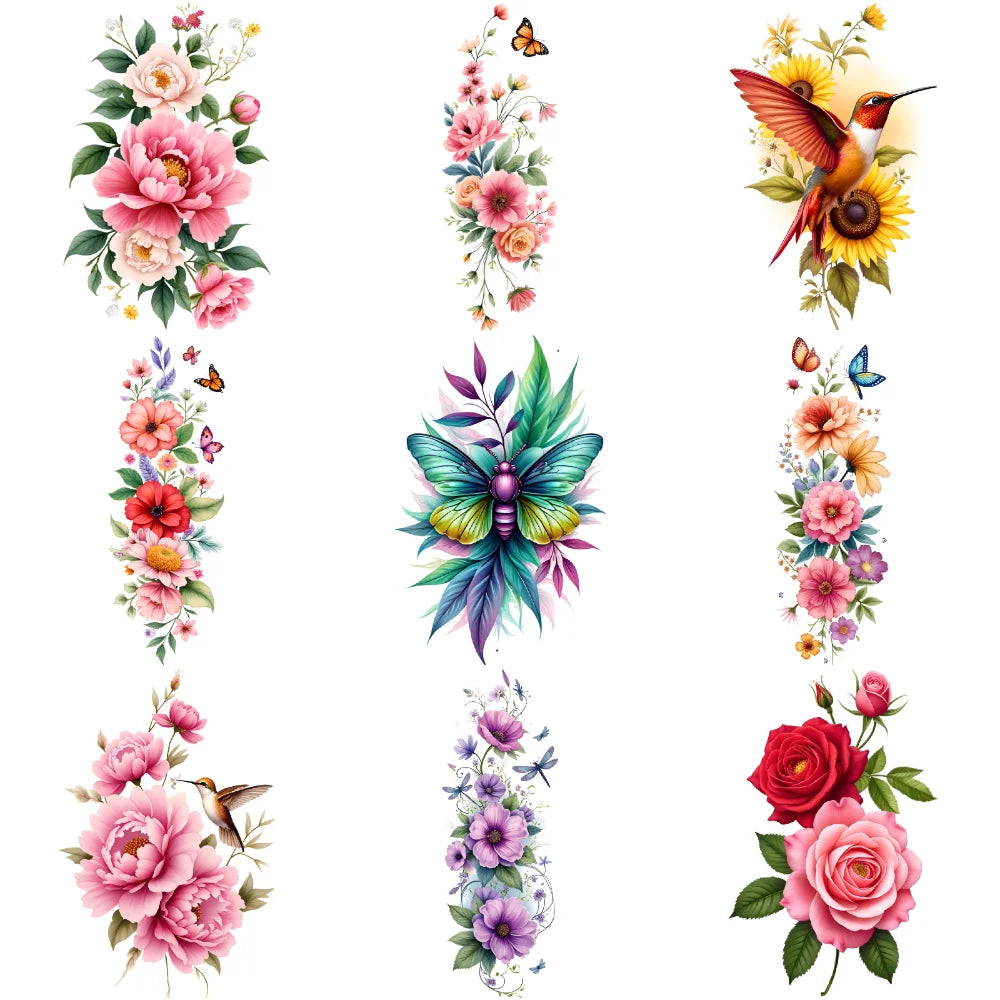 9-Piece Temporary Tattoo Stickers – Butterfly, Floral & Key