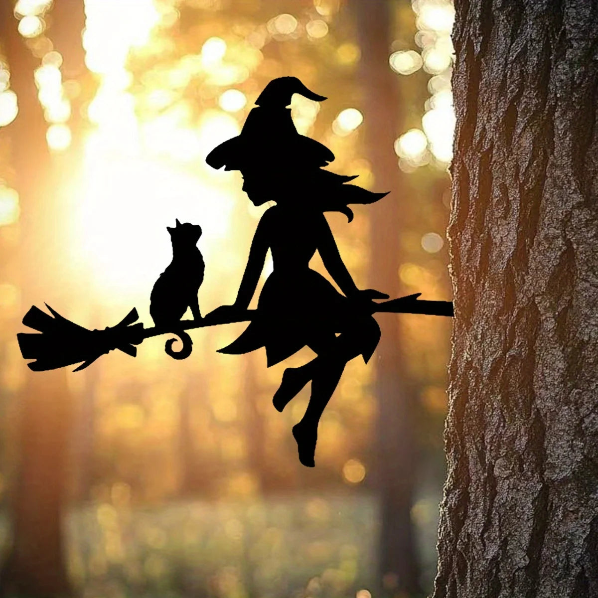 Enchanting Witch & Cat Garden Decor - Durable Iron Art with Flying Broomstick, for Halloween & Outdoor, Outdoor Garden Decor Oasis Select