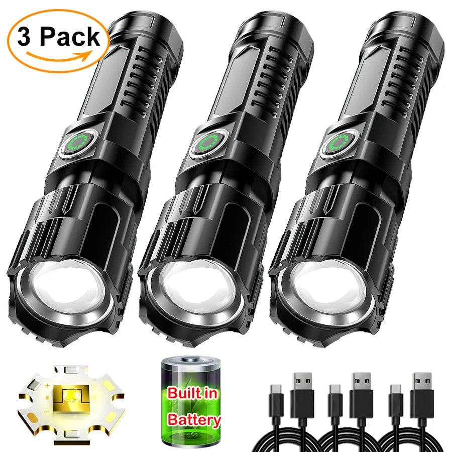 Super Bright P200 LED Flashlight Zoom Tactical Torch Built-in Battery USB Rechargeable Waterproof Lamp Ultra Bright Lantern Oasis Select
