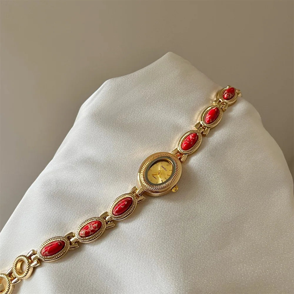 New Colored Gemstones Ladies Watch Oval Luxury Quartz Watch Gift Elegant Wristwatch Oasis Select Red