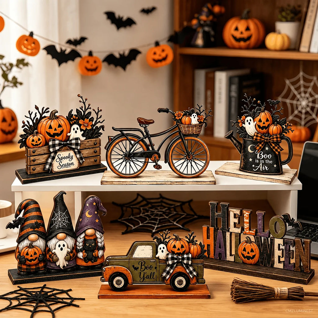 Halloween wooden dining table decoration, with patterns of fairies, trucks, ghosts, bicycles, etc. on the decorations. Oasis Select Default Title