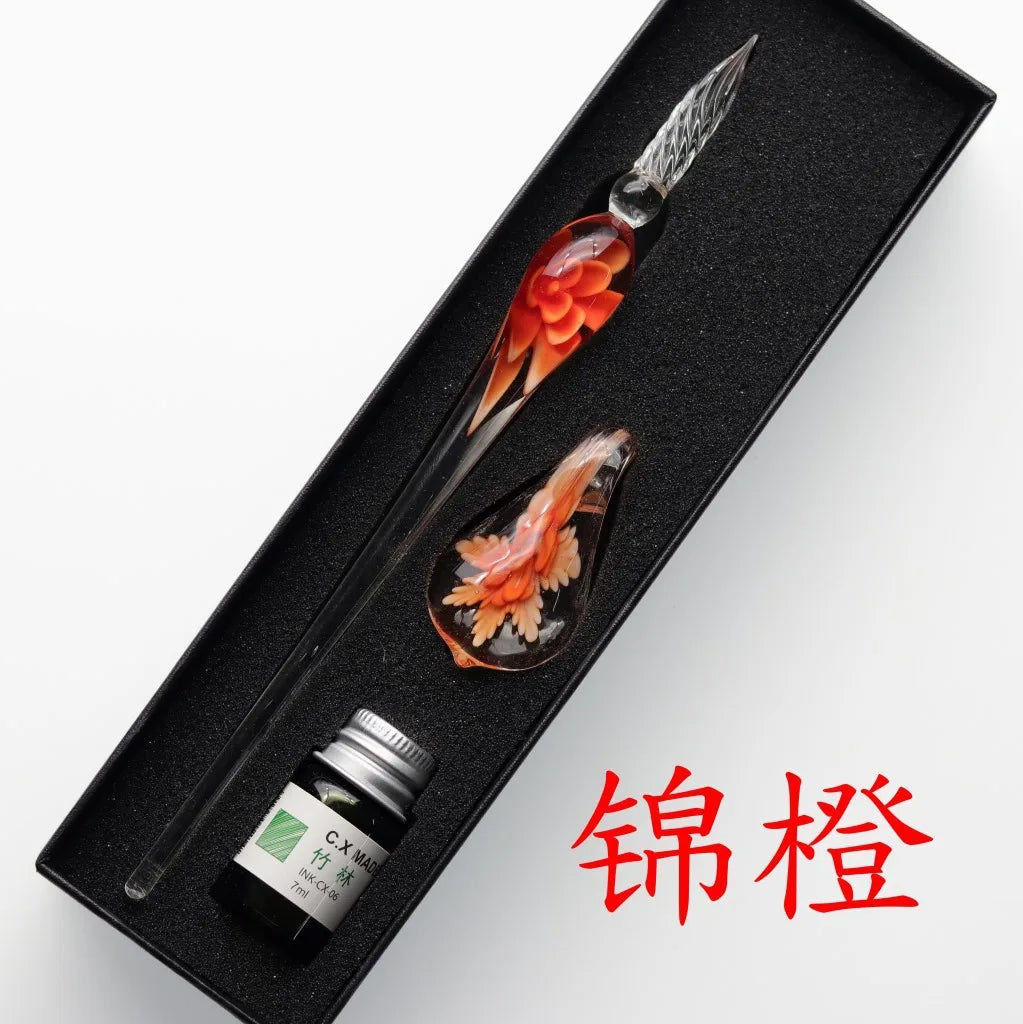 Embedded flower glass pen set, colored dipping pen, street vendor gift box, signature pen, glass pen gift Oasis Select 3