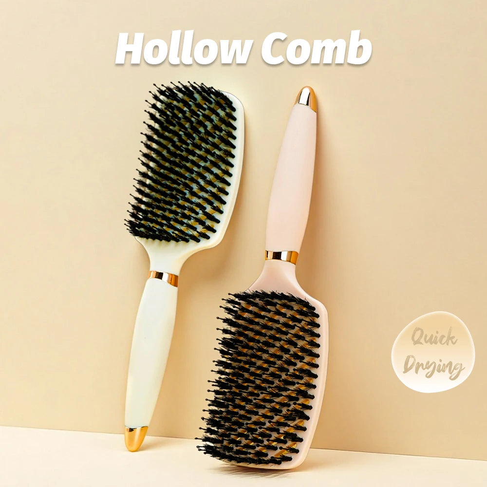 Hog Bristle Hollow-Out Anti-Static Comb Suitable For Both Dry And Wet Hair, Styling Tool With Combing And Massage Functions Oasis Select