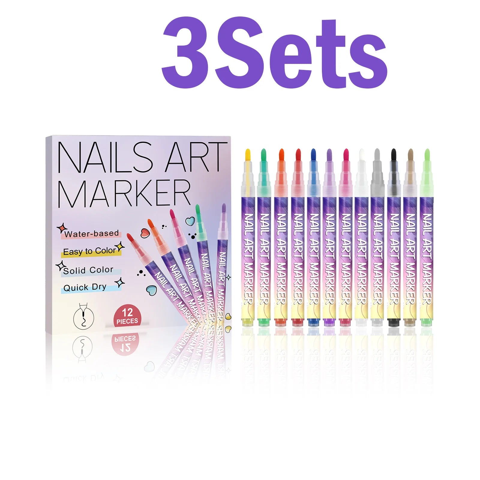 12-Color Nail Art Acrylic Paint Pens – 3D Doodle & Dotting Set Nail Art Pen Set Oasis Select 3 Sets