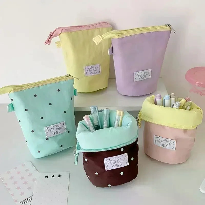 1Pcs Cute Polka Dot Solid Color Stationery Pencil Case Student Two Way Desktop Pen Holder Portable Organizer Bag ﻿ Oasis Select