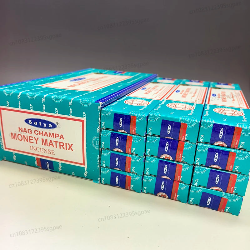 12Boxes Satya Origin100% 15g Hand-Rolled Incense Sticks, SANDAL WOOD，MONEY MATRIX，NAGCHAMPA Multiple Flavors for Yoga Meditation Oasis Select MONEY MATRIX 12 small boxex