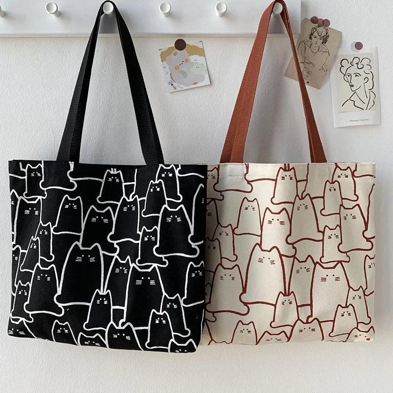 Canvas Bags Handbag for Women Shopper Cute Cat Tote Bag with Zipper Designer Bag Japanese Style Cartoon Small Shoulder Oasis Select