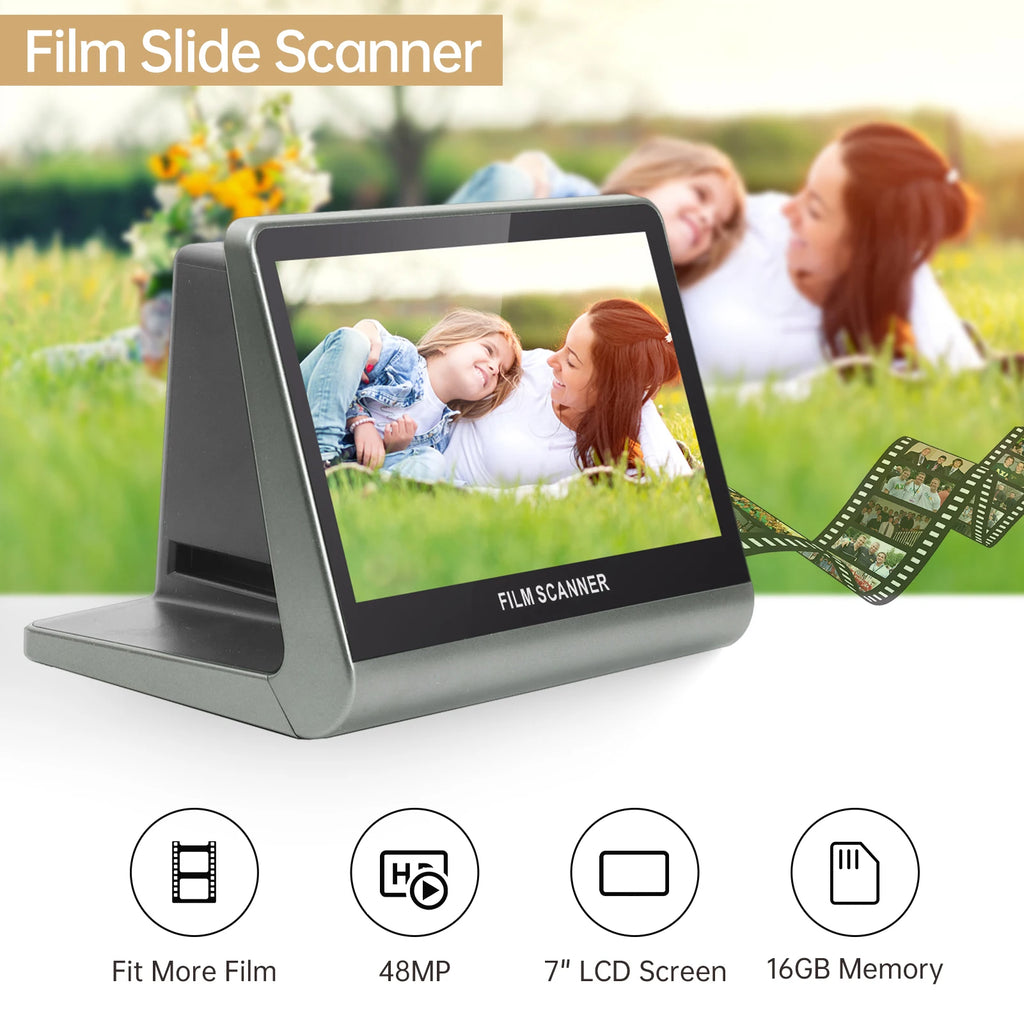 Bisofice 7'' LCD Screen Film Slide Scanner for 135 Film 126KPK /110 Film/Super8/ Monochrome/Slide to Digital JPEG Photos 16GB Oasis Select