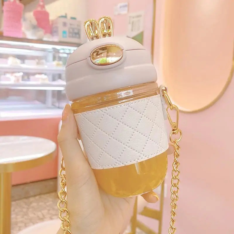 1 PCS Cute Bunny Ear Clear Large Capacity Water Bottle Pearl Strap Cartoon Decors For Girls Daily Use Oasis Select white380ml A