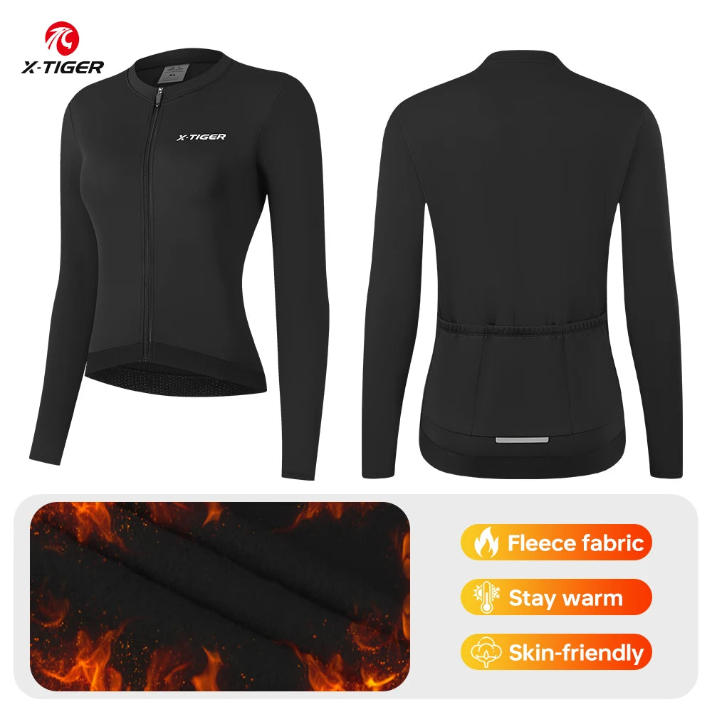 X-TIGER Winter Cycling Jersey Woman Warm Cycling Jacket Long Sleeve Jersey Full Zipper Female Mountain Road Bicycle Clothes Oasis Select Black XL