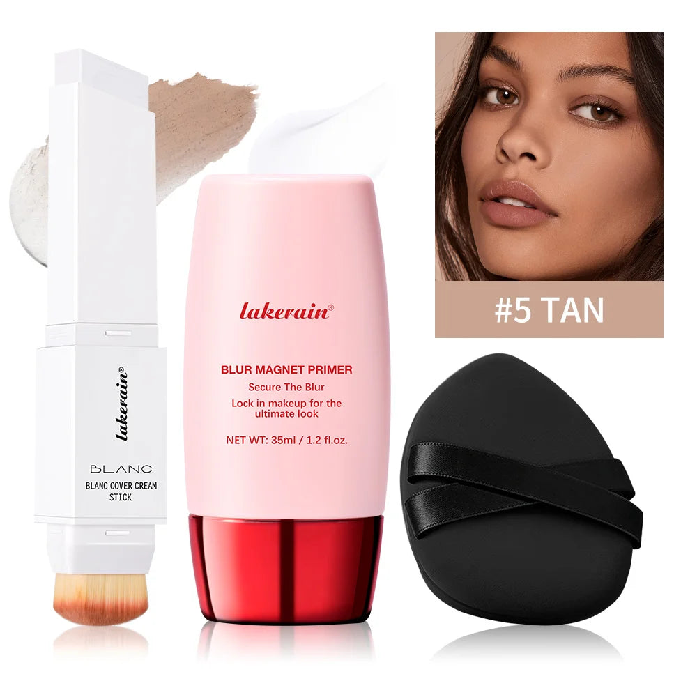 Blur Magnet Primer & Color-changing Foundation Stick Blurring Pores Matte Finish High Coverage Concealer Korean Makeup Combo Oasis Select SET 5