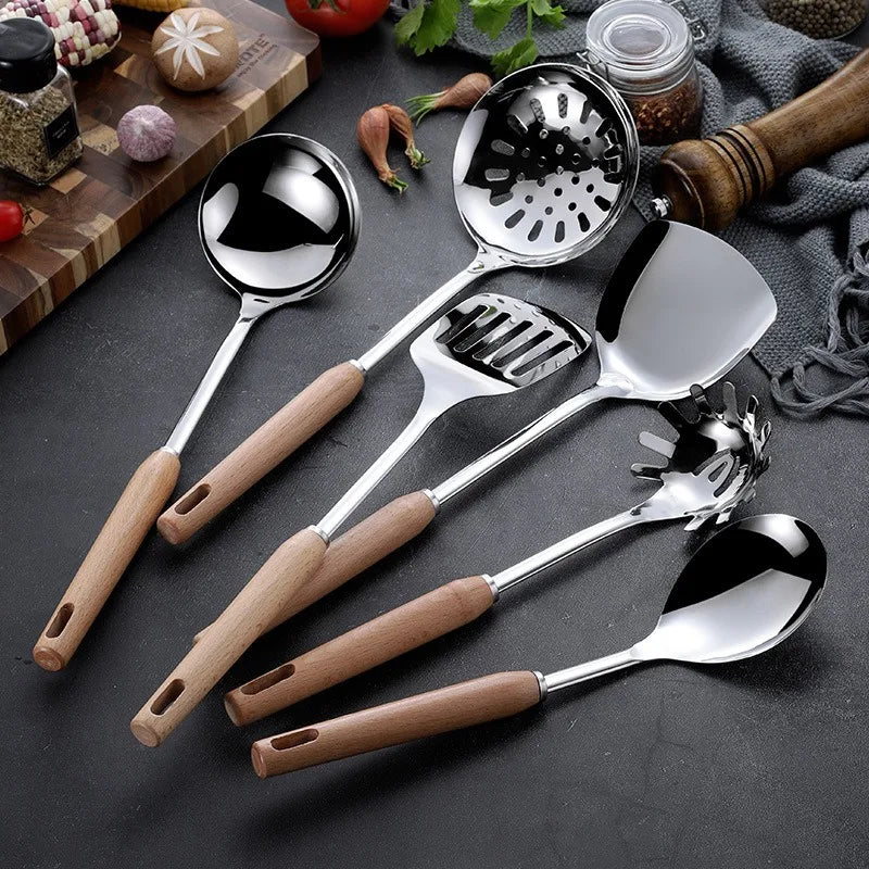 6-Piece Wooden Handle Stainless Steel Kitchen Utensil Set Kitchen Utensil Set Oasis Select