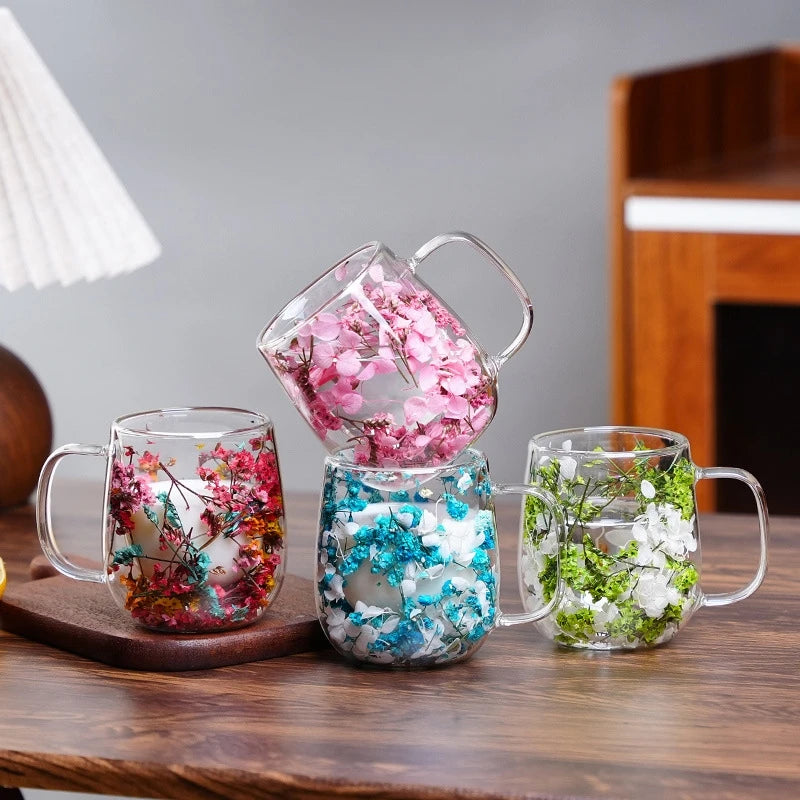 250ml Double-Walled Glass Cup with Handle High Borosilicate Reusable Coffee Mug, Built-In Floral Design for Hot & Cold Beverages Oasis Select