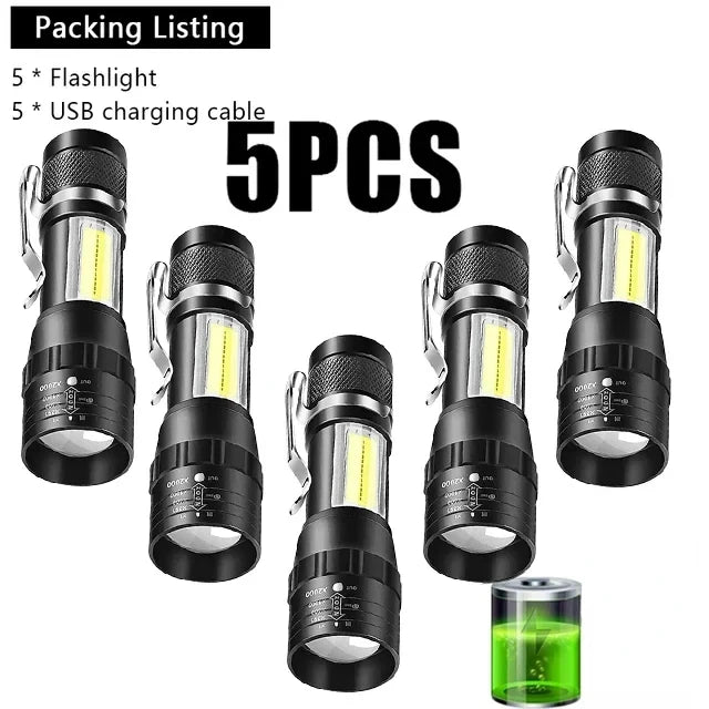 KDULIT Mini Portable Flashlight COB+XPE Zoomable Torch USB Rechargeable Outdoor Camping Fishing Long Range Emergency Lantern Oasis Select 5pcs