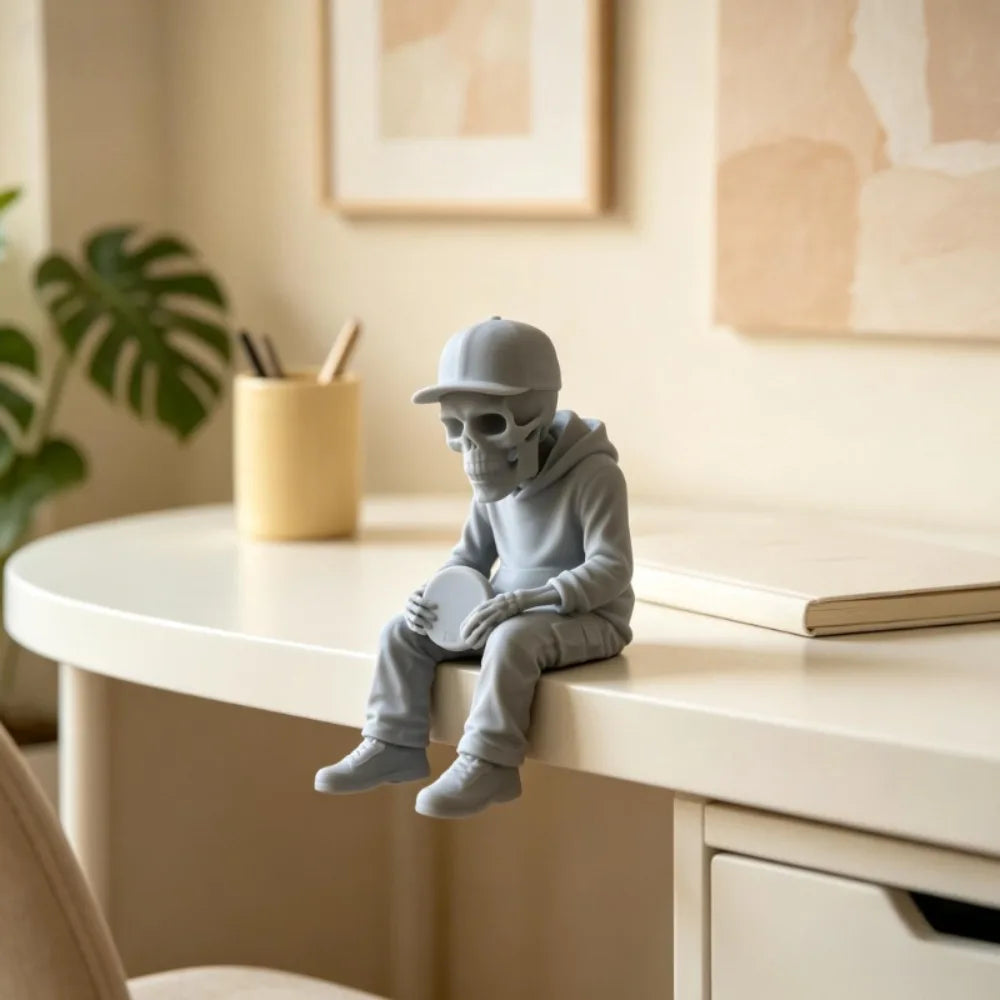 Frisbee Skull Figurine 3D Printing Casual Sitting Edge Sitter Statue Modern Gothic Ornaments for Home Office Desktop Shelf Decor Oasis Select