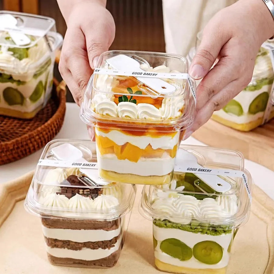 50/100pcs PET Transparent Square Dessert Boxes with LIDS and Spoons, Suitable for Cakes, Mousse, Fruits, Ice Cream, Yogurt, Etc Oasis Select