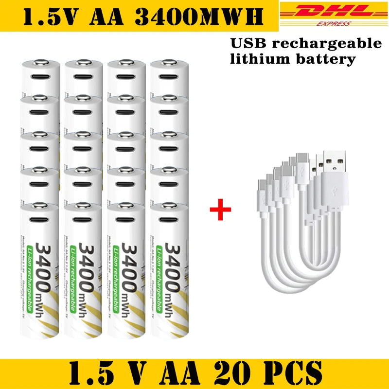 New Li-ion AAA and AA Rechargeable Batteries USB Lithium-ion 3400mWh 1.5V AA Rechargeable Batteries+800mWh 1.5V AAA Battery Oasis Select 1.5V AA 20pcs-Cable